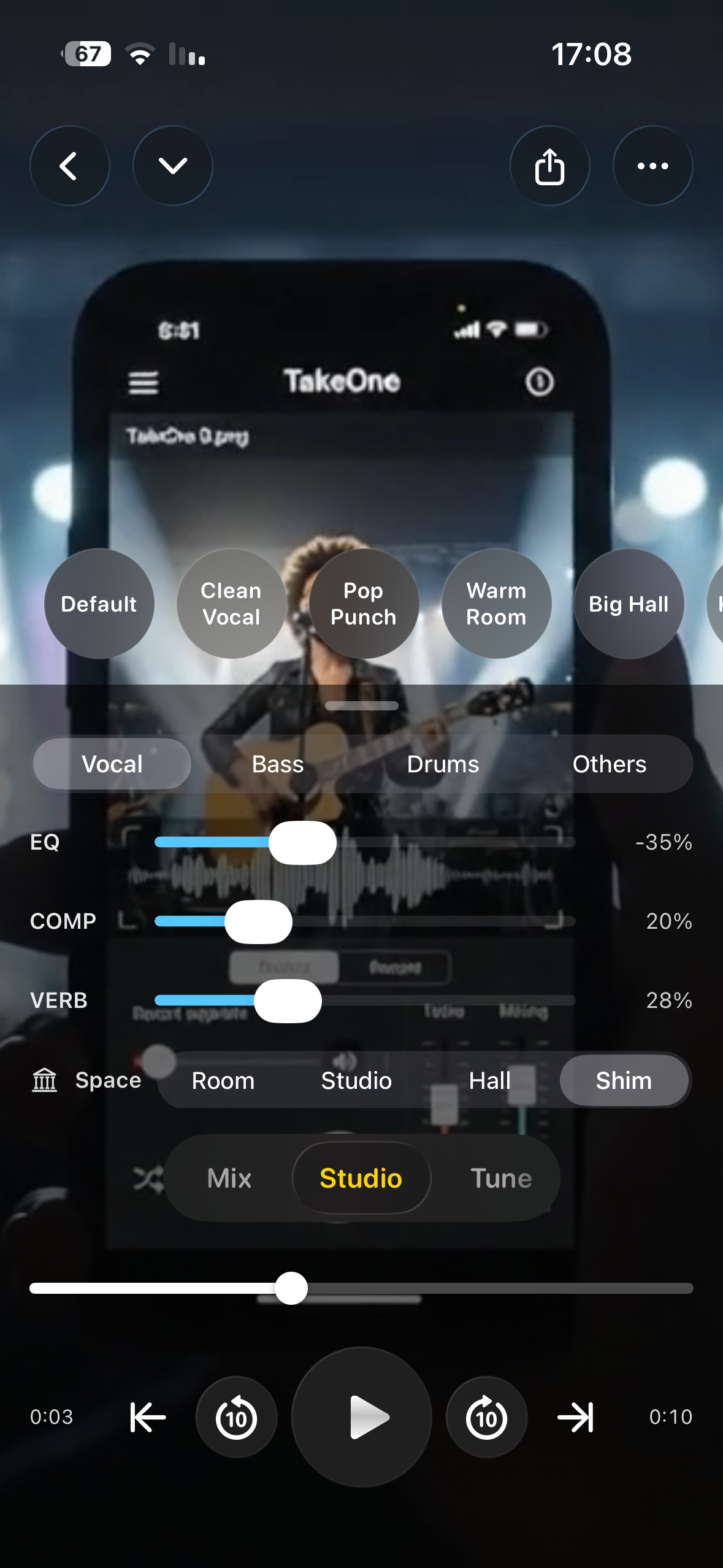 The session on iPhone, with EQ, compression, and reverb over the performance.