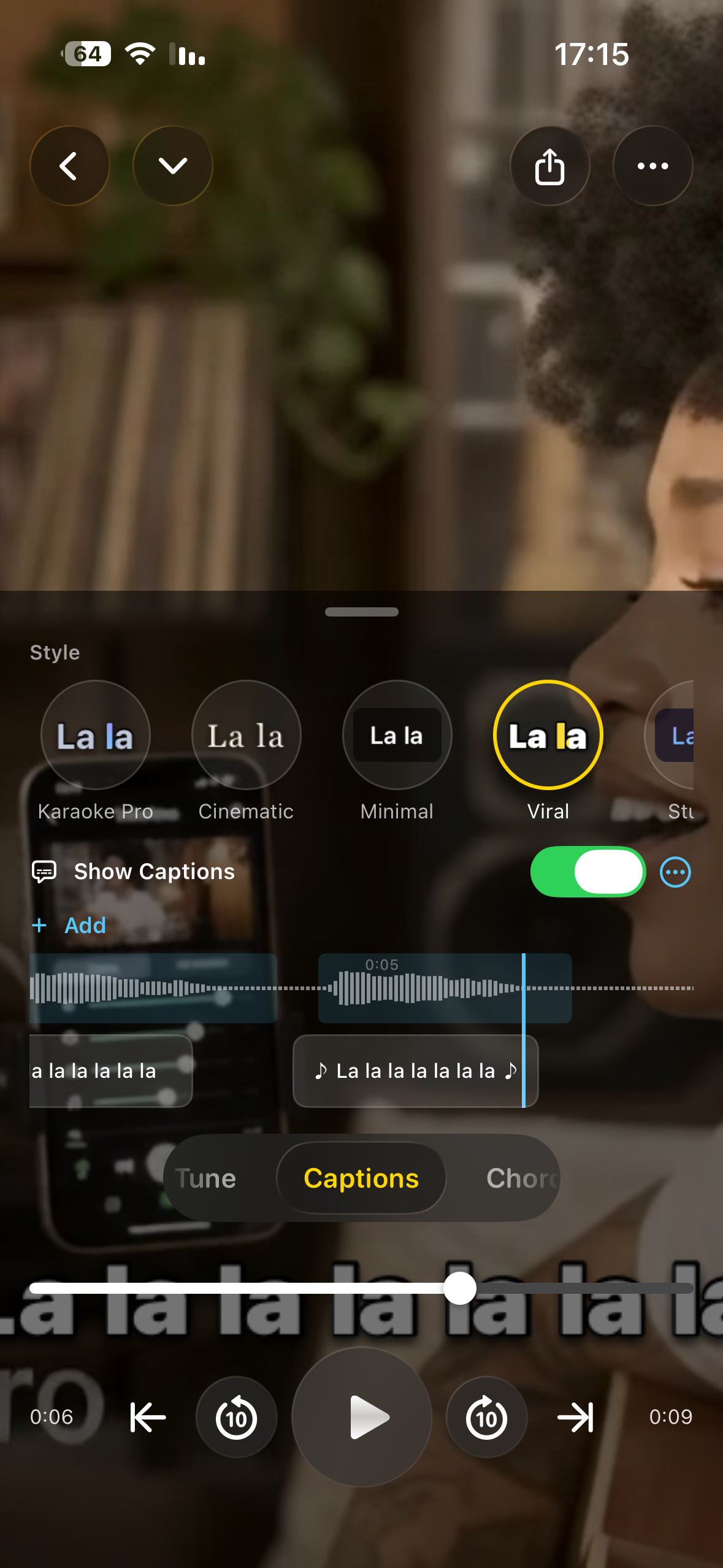 The Captions screen, with lyric lines and caption styles.