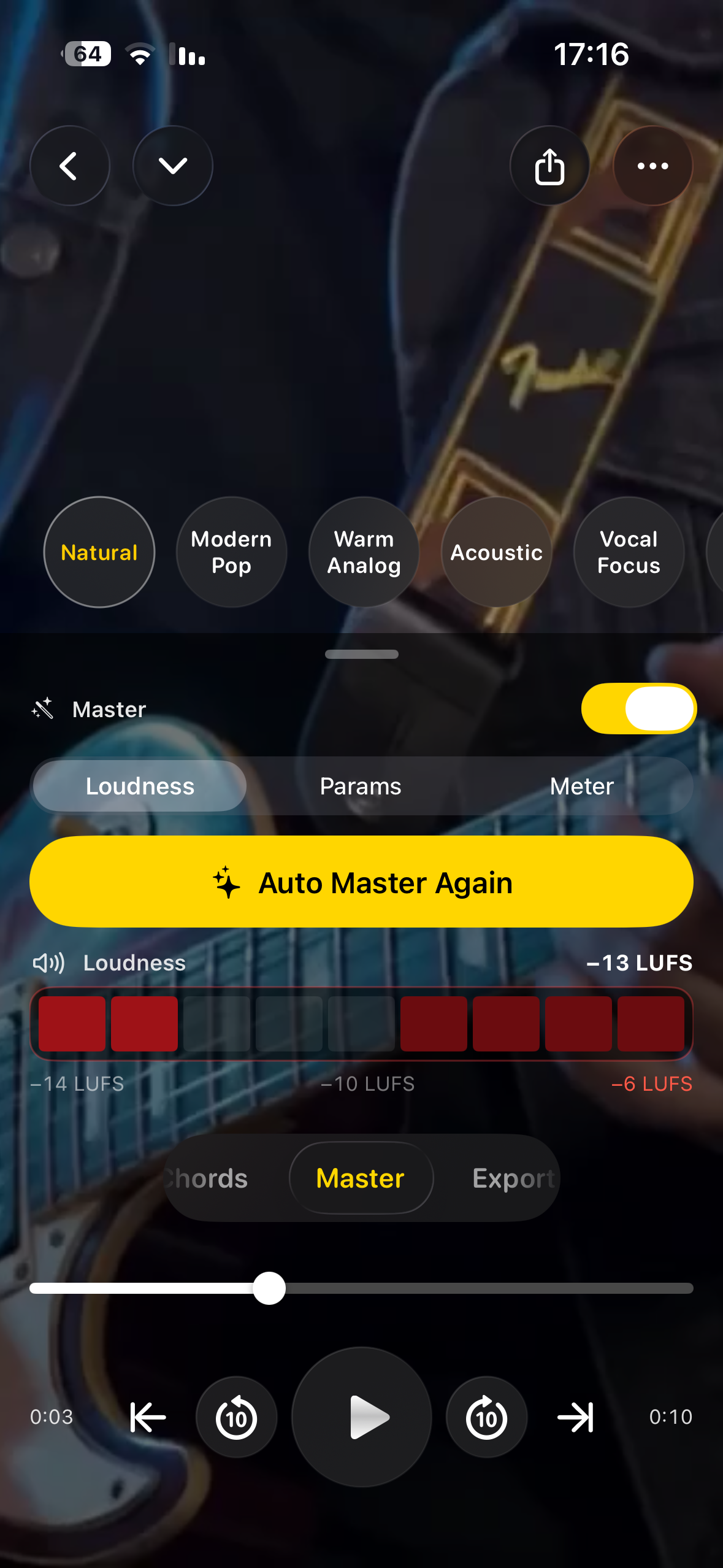 The Master screen, with loudness presets and true-peak protection.