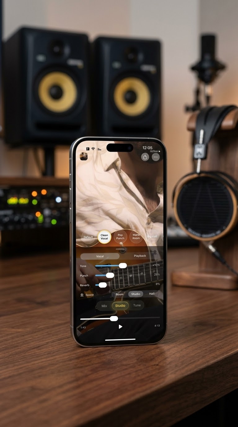 The Studio screen on an iPhone, with tone, punch, reverb, and space controls.