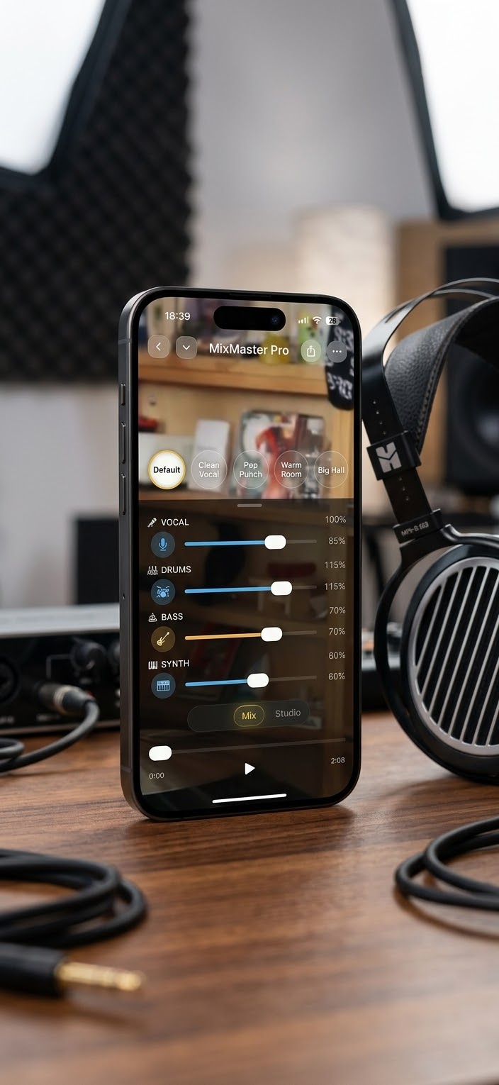 An iPhone on a studio desk, with vocal, drums, bass, and synth faders.